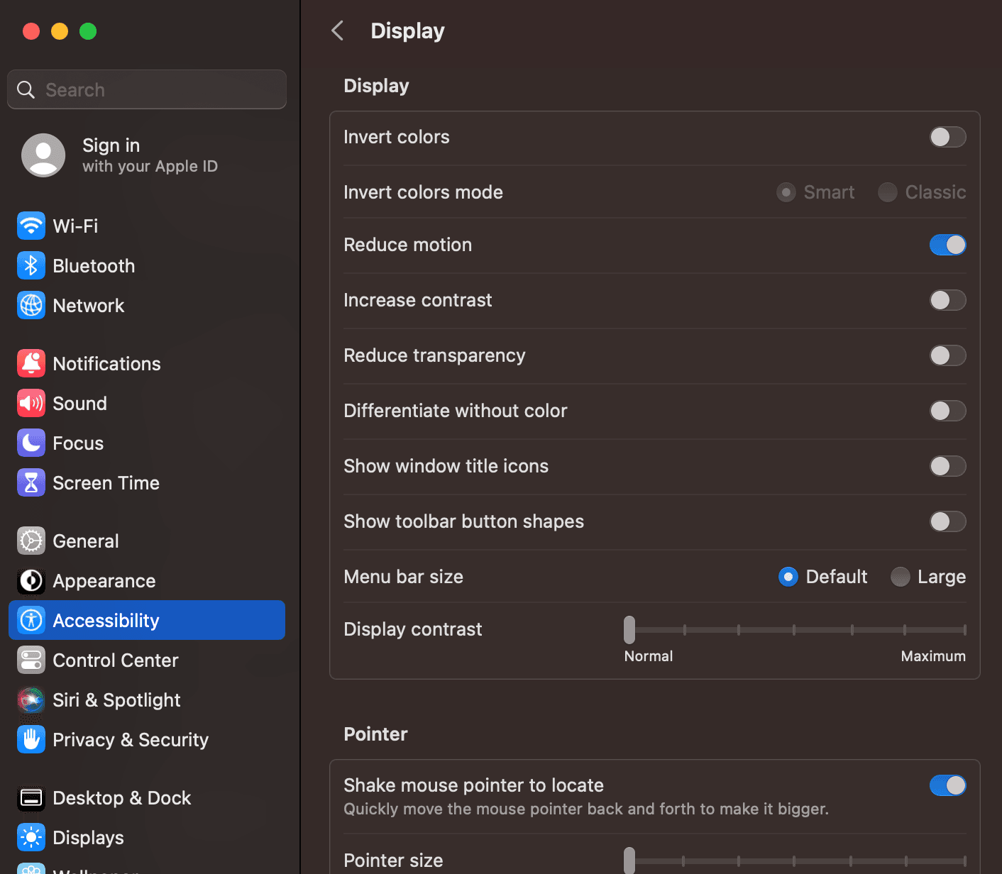 Screenshot of Mac System Settings menu showing the reduce motion toggle is turned on.